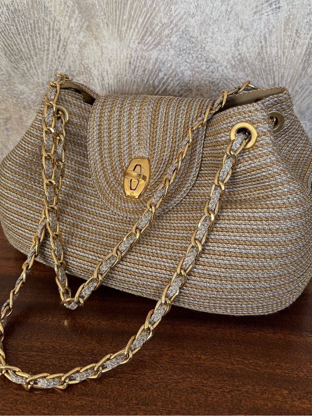 Eric Javits Gold and Silver Woven Shoulder Bag with Chain Strap